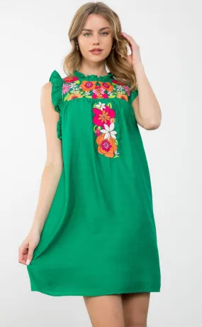 Emmie Sleeveless Green Embroidered THML Dress