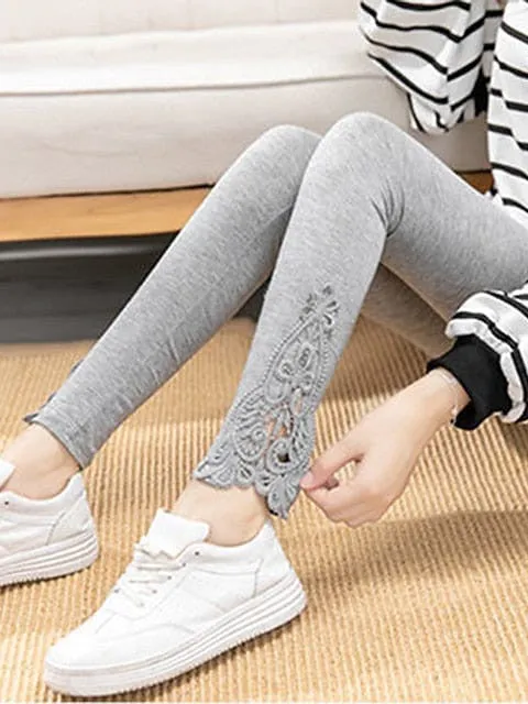 Fashionable High-Waisted Lace Detail Women's Leggings in Black, White, and Grey Sizes L-4XL