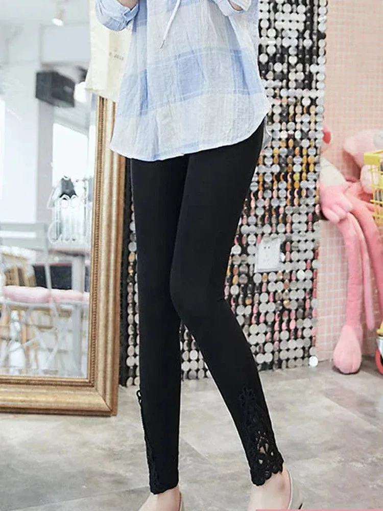 Fashionable High-Waisted Lace Detail Women's Leggings in Black, White, and Grey Sizes L-4XL