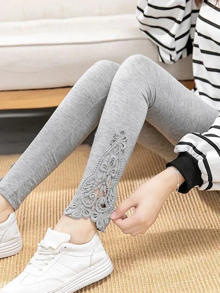 Fashionable High-Waisted Lace Detail Women's Leggings in Black, White, and Grey Sizes L-4XL