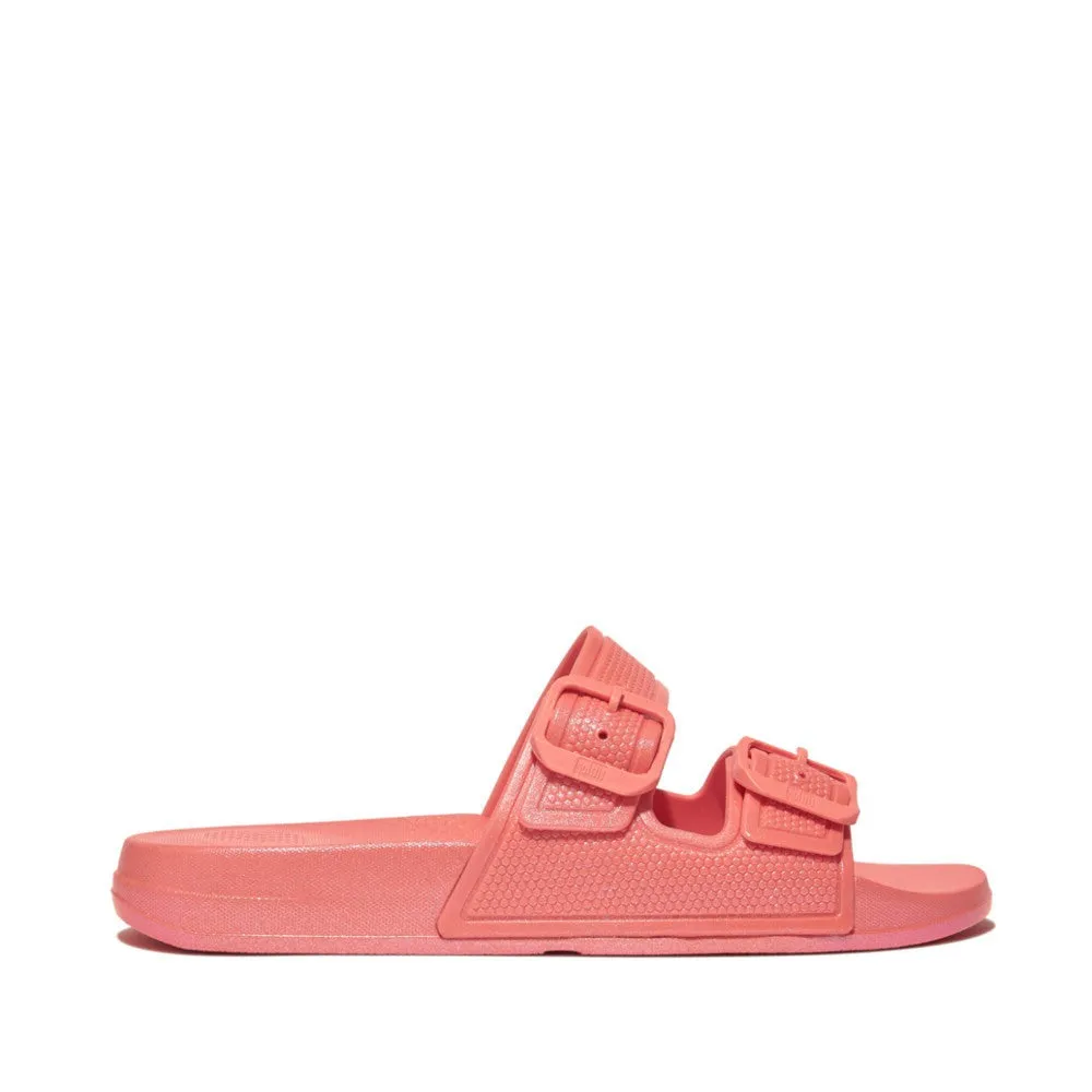 FitFlop iQushion Pearlized Two Bar Buckle Slides Coral