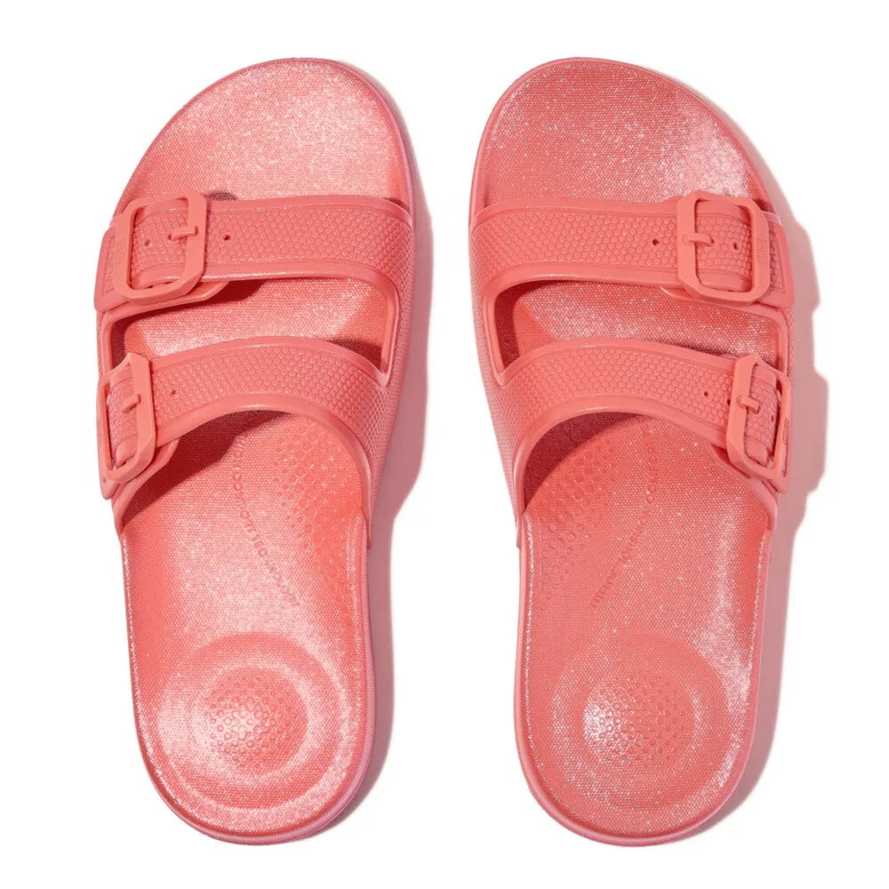 FitFlop iQushion Pearlized Two Bar Buckle Slides Coral