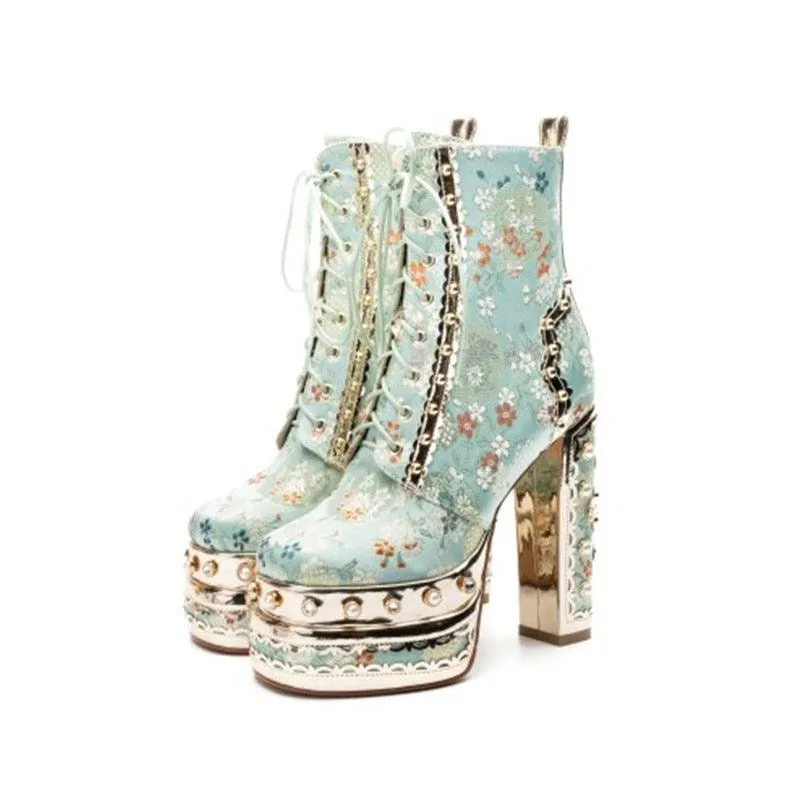 Floral High Heel Platforms Boots