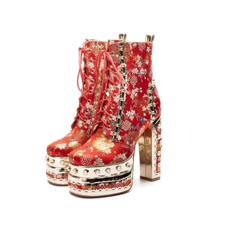 Floral High Heel Platforms Boots