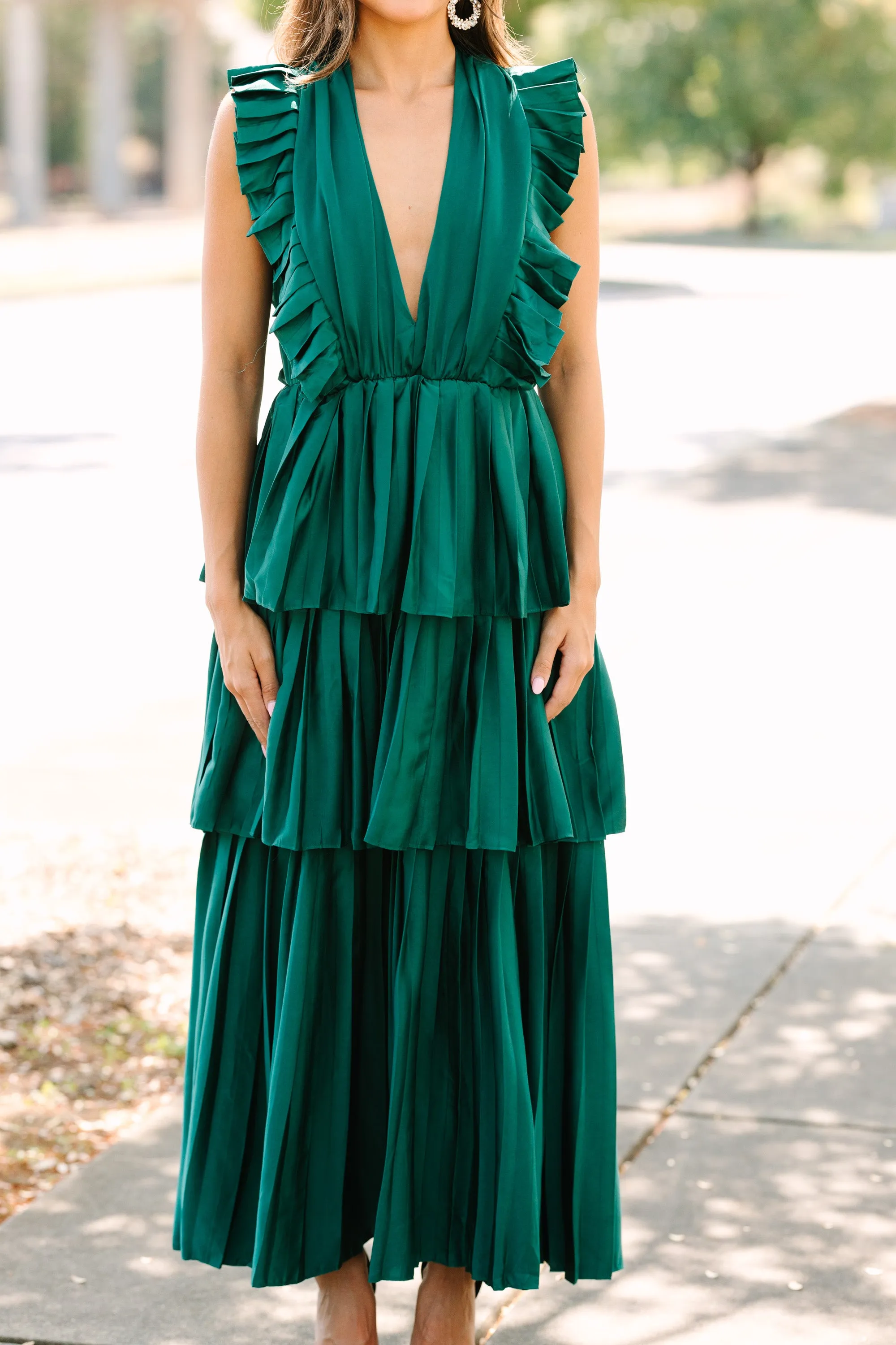 For The Drama Alpine Green Ruffled Midi Dress