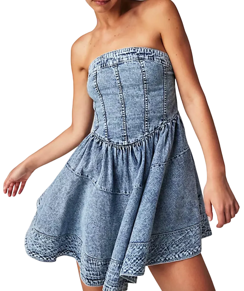 Free People Blue  Candace Denim Mini Dress UK M