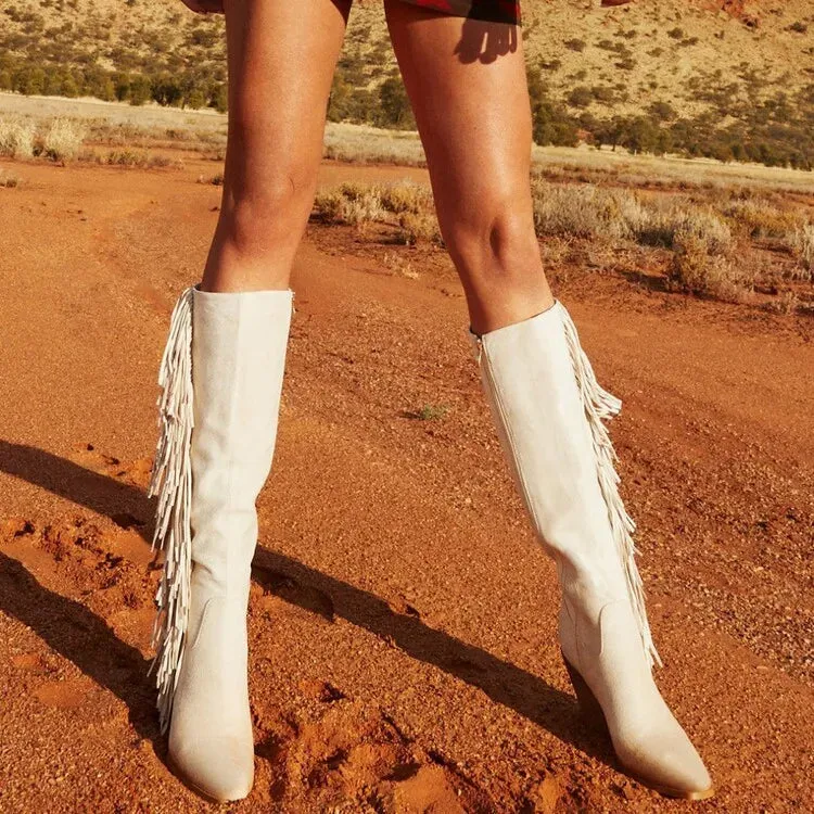 Fringe White Cowboy Boots For Women Western Cowgirl Side Zip White Knee High Shoes For Women 2024