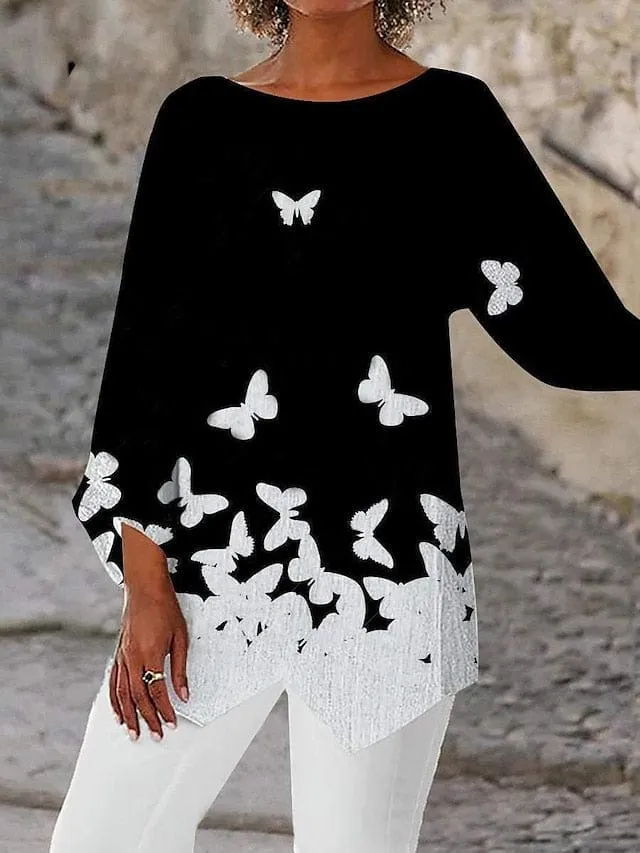 Graphic Butterfly Print Women's Asymmetric Long Sleeve Blouse