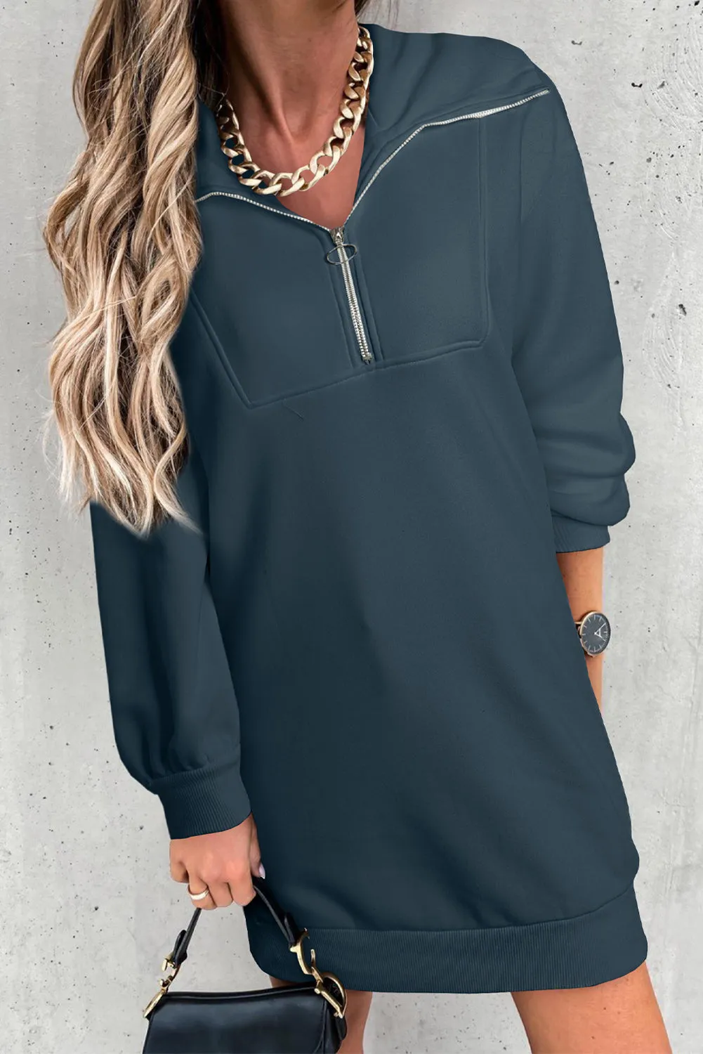 Half Zip Dropped Shoulder Mini Sweatshirt Dress