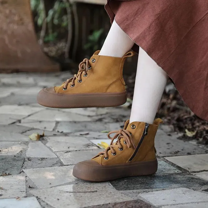 Handmade Brown Leather Flat Ankle Boots - TF143 Women's Casual Shoes