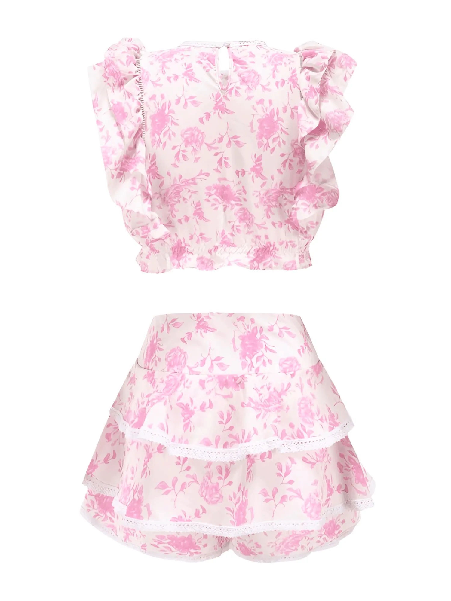 High Quality Ruffle Pink Crop Top with Cute Pink Mini Skirt