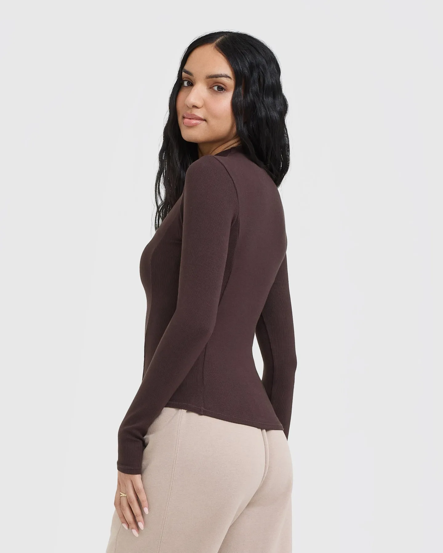 Mellow Rib Mock Neck Long Sleeve Top | Plum Brown