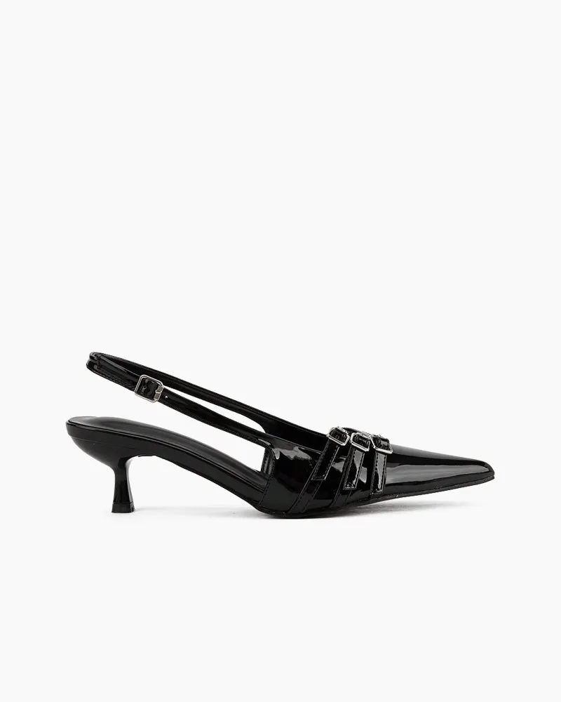 Metal Buckle Strap Patent Leather Kitten Heel Sandals