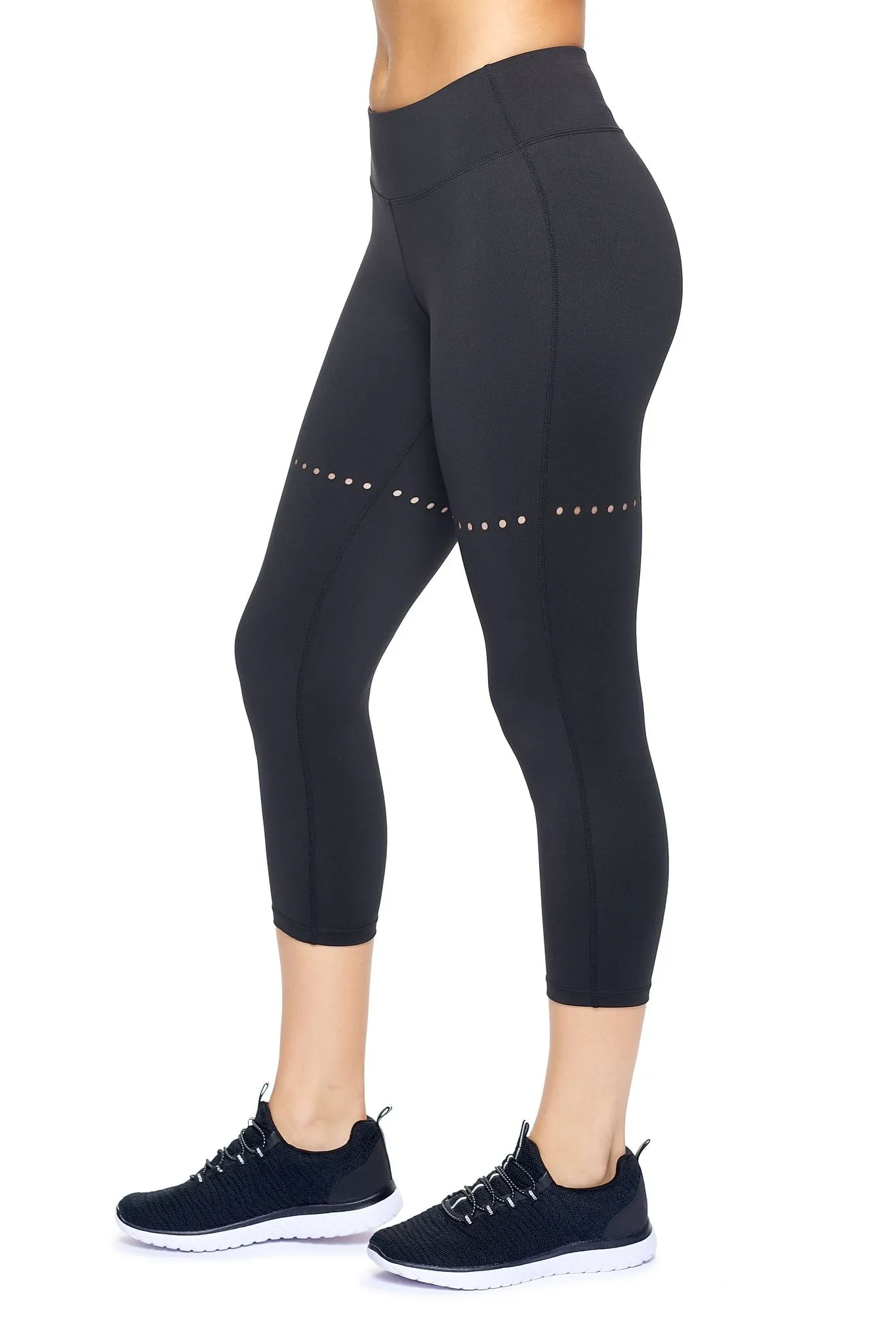 Mid-Rise Faux Seam Laser Cut Capri Leggings Black