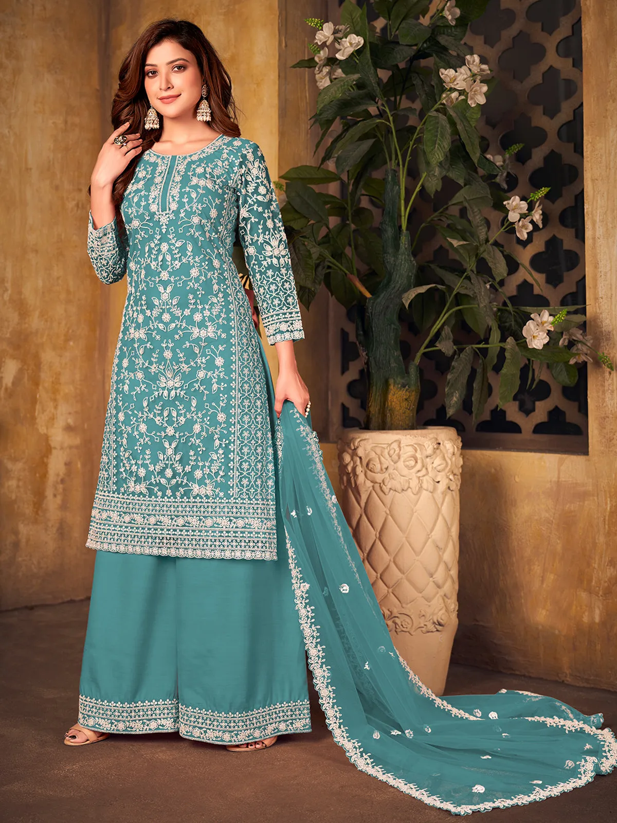 Odette Aqua Net Embroidered Semi stitched Kurta Set with Inner For Women