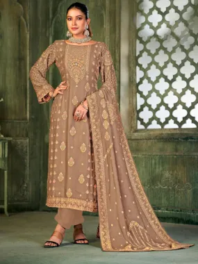 Odette Beige Embroidered Viscose Semi Stitched Kurta Set For Women