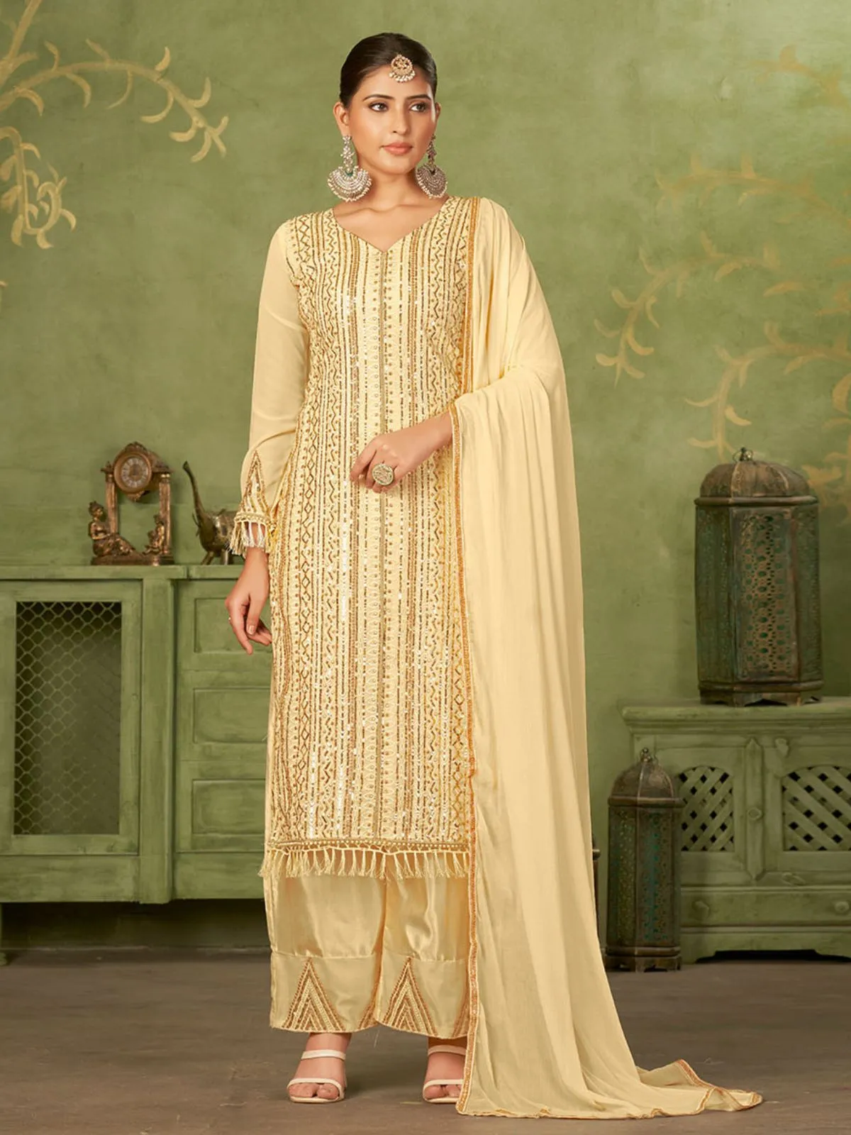 Odette Beige Georgette Embellished Semi Stitched Kurta Set For Women