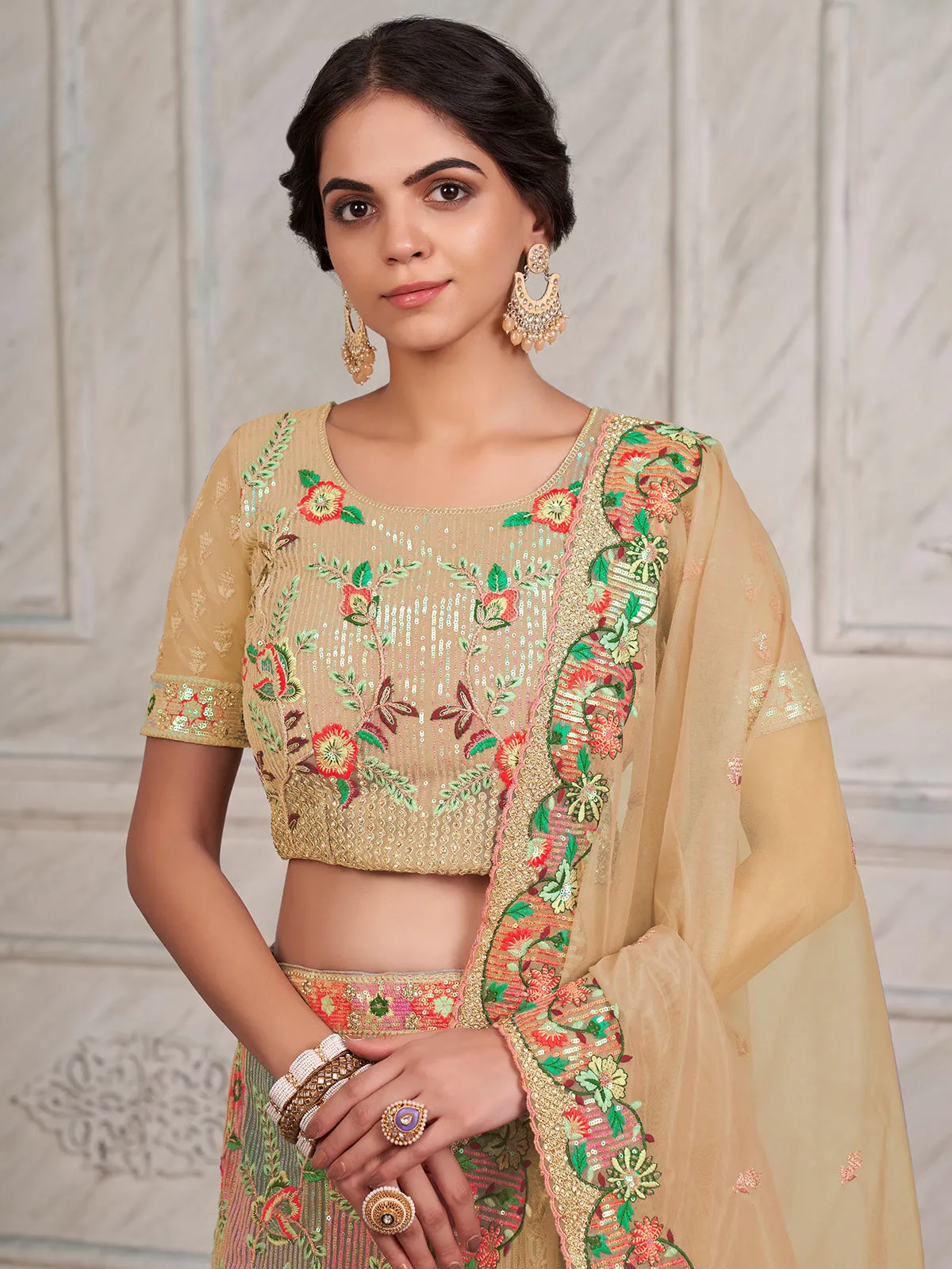 Odette Beige Net Embroidered Semi Stitched Lehenga With Unstitched Blouse for Women