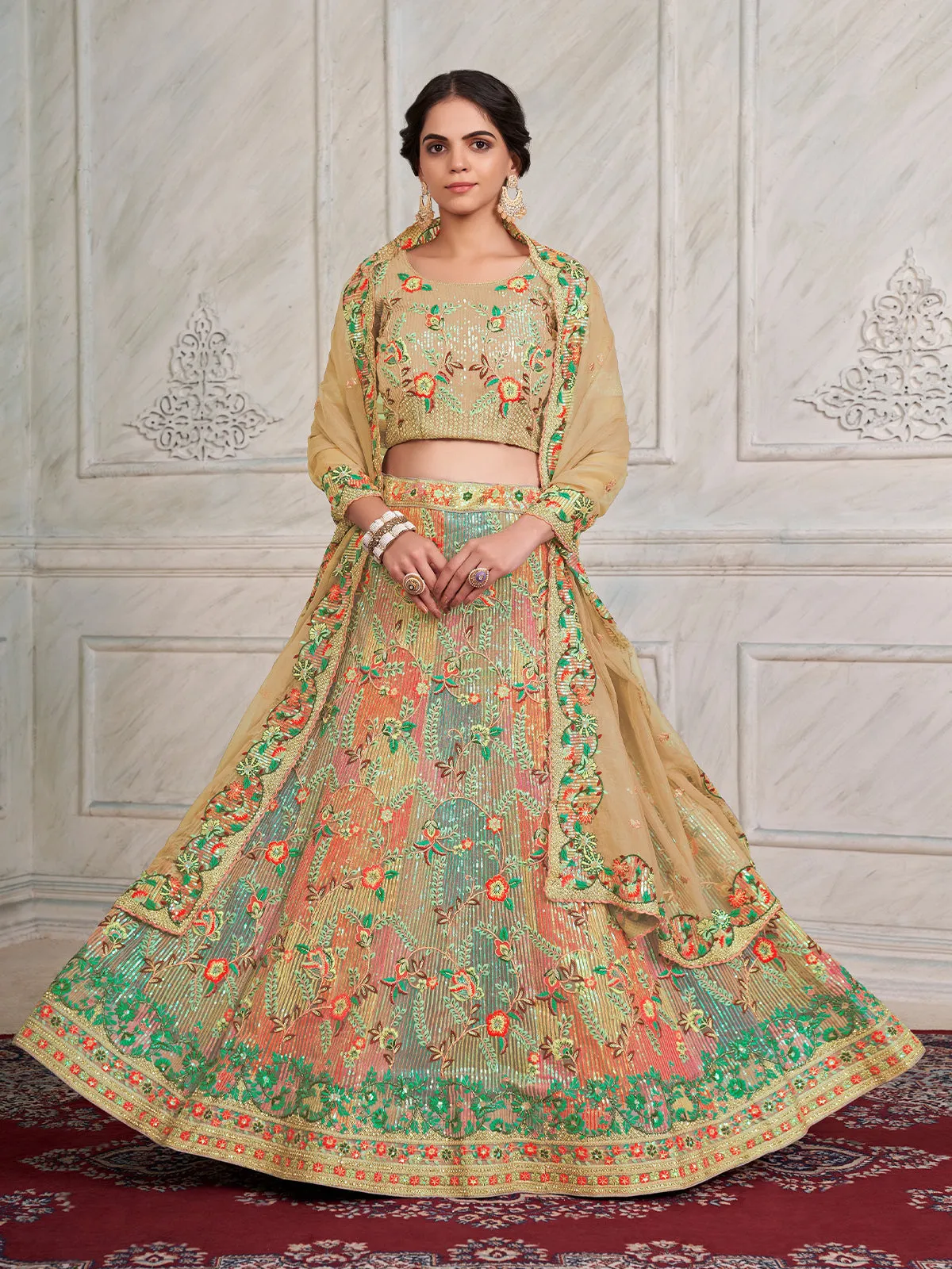 Odette Beige Net Embroidered Semi Stitched Lehenga With Unstitched Blouse for Women