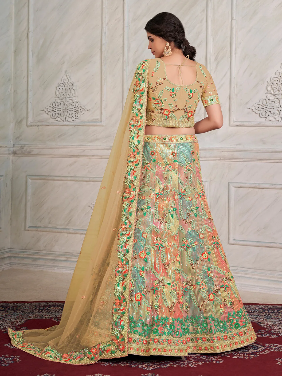 Odette Beige Net Embroidered Semi Stitched Lehenga With Unstitched Blouse for Women