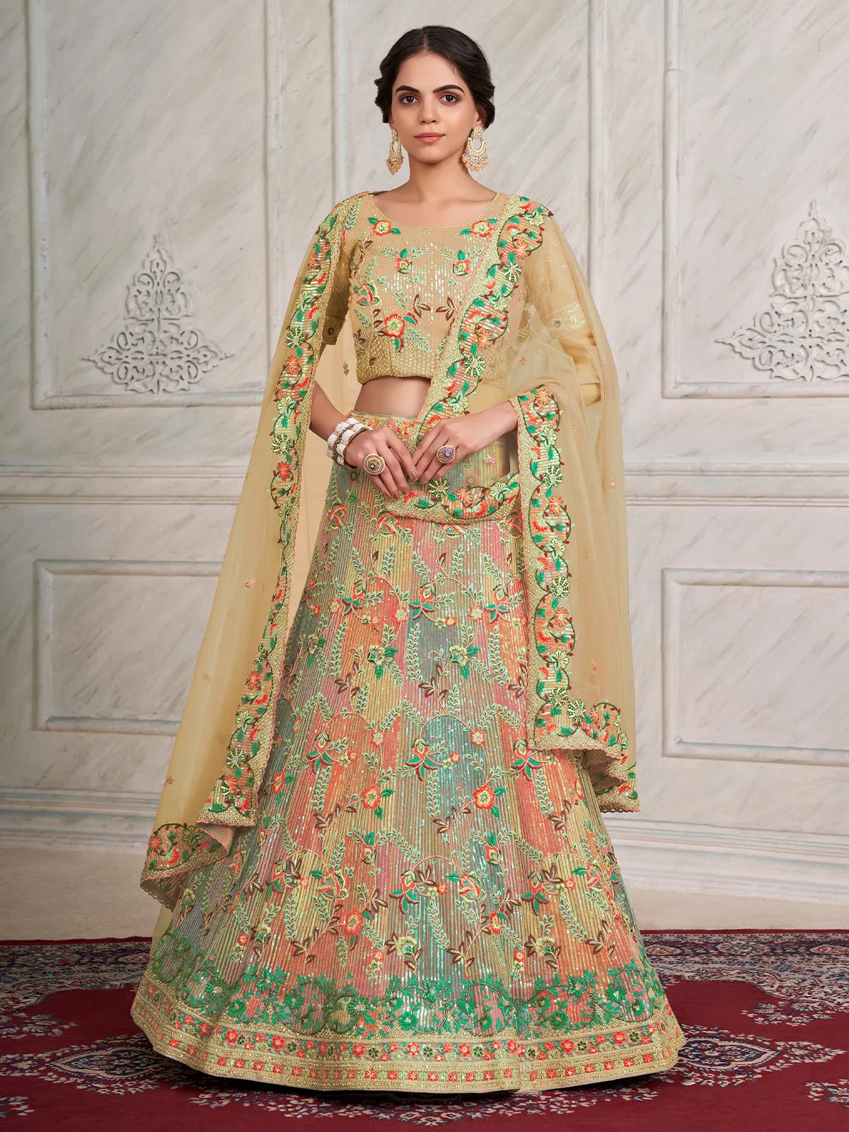 Odette Beige Net Embroidered Semi Stitched Lehenga With Unstitched Blouse for Women