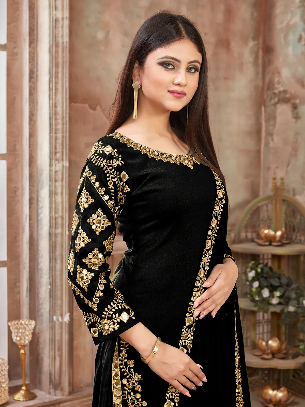 Odette Black Art silk Embroidered Semi stitched Kurta Set For Women