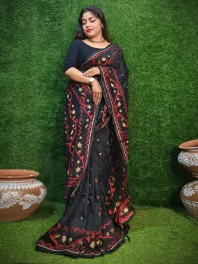 Odette Black  Cotton Jamdani Saree  With Unstitched Blouse for Women