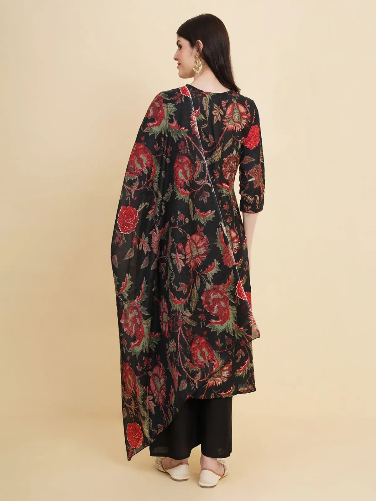 Odette Black Cotton Printed Stitched Kurta Set  For Women