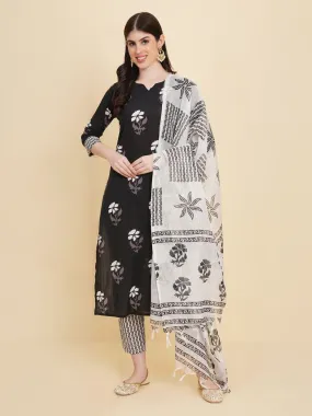 Odette Black Cotton Printed Stitched Kurta Set  For Women