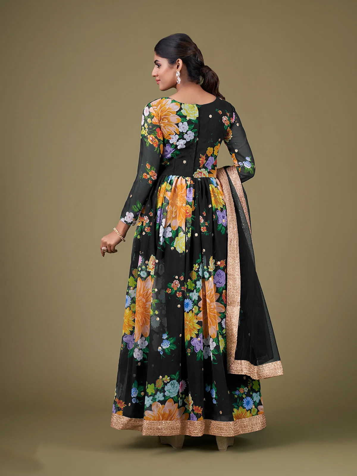 Odette Black Faux Georgette Printed Semi Stitched Anarkali Kurta Set For Women