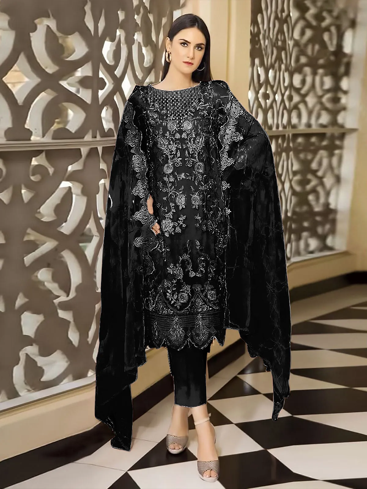 Odette Black Georgette Embroidered Semi Stitched Kurta Set For Women