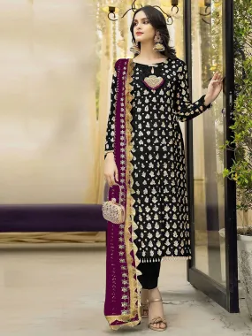 Odette Black Georgette Embroidered Semi Stitched Kurta Set For Women