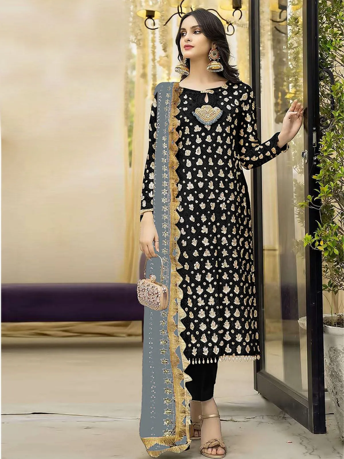 Odette Black Georgette Embroidered Semi Stitched Kurta Set For Women