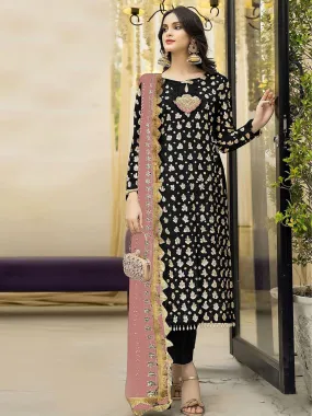 Odette Black Georgette Embroidered Semi Stitched Kurta Set For Women