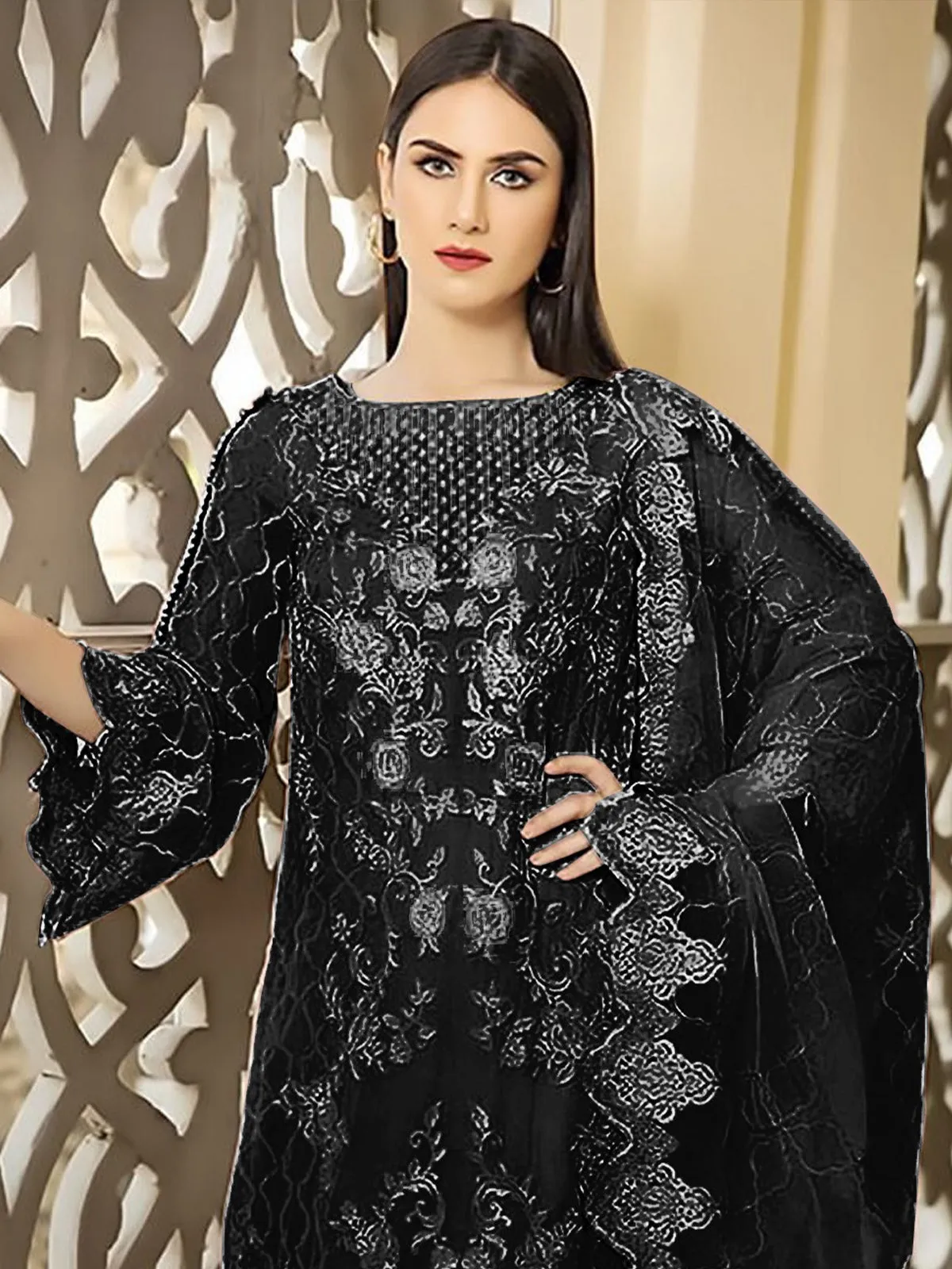 Odette Black Georgette Embroidered Semi Stitched Kurta Set For Women