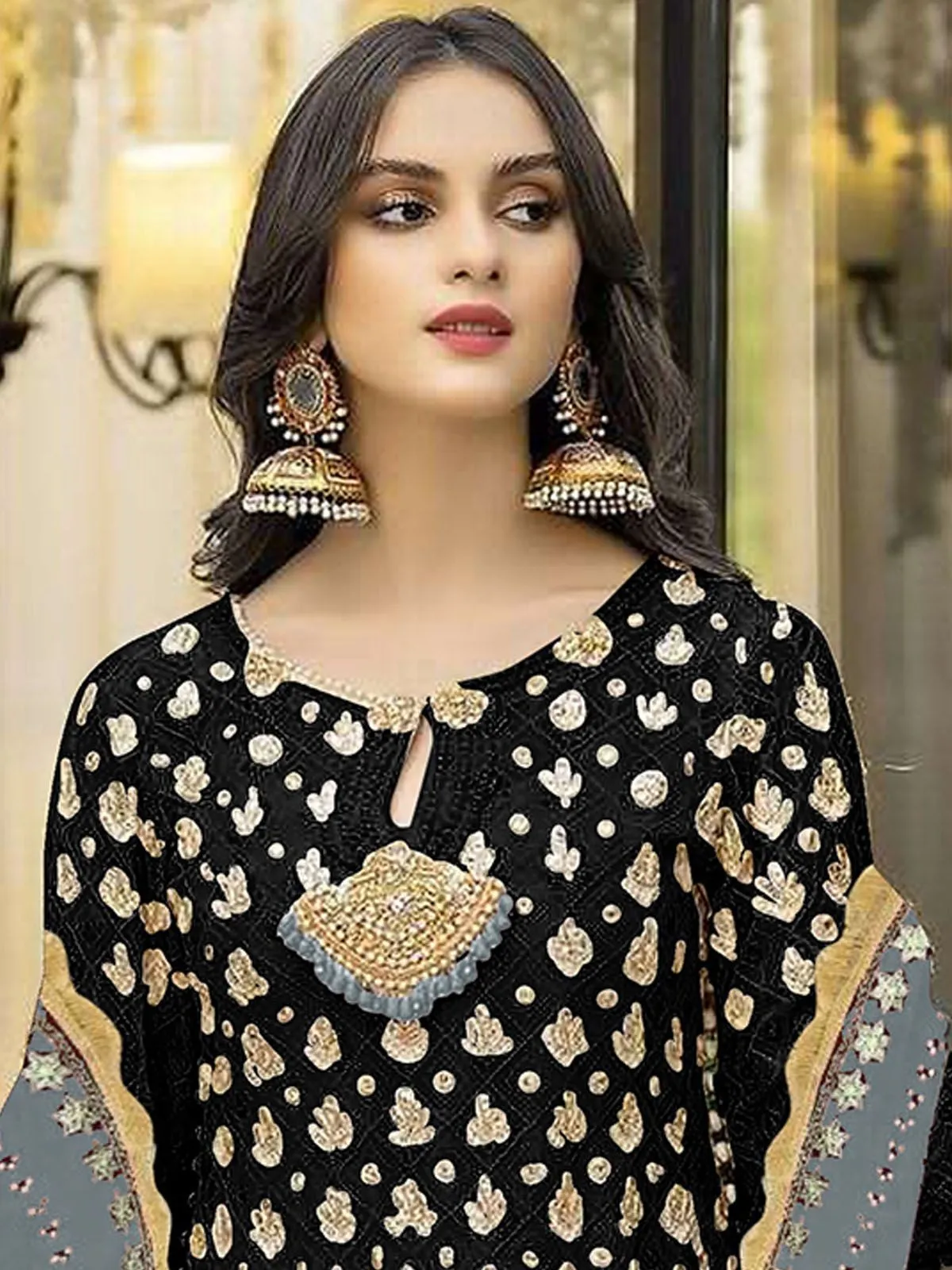 Odette Black Georgette Embroidered Semi Stitched Kurta Set For Women