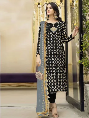 Odette Black Georgette Embroidered Semi Stitched Kurta Set For Women