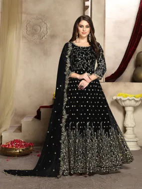 Odette Black Georgette Embroidered Semi stitched Kurta Set For Women