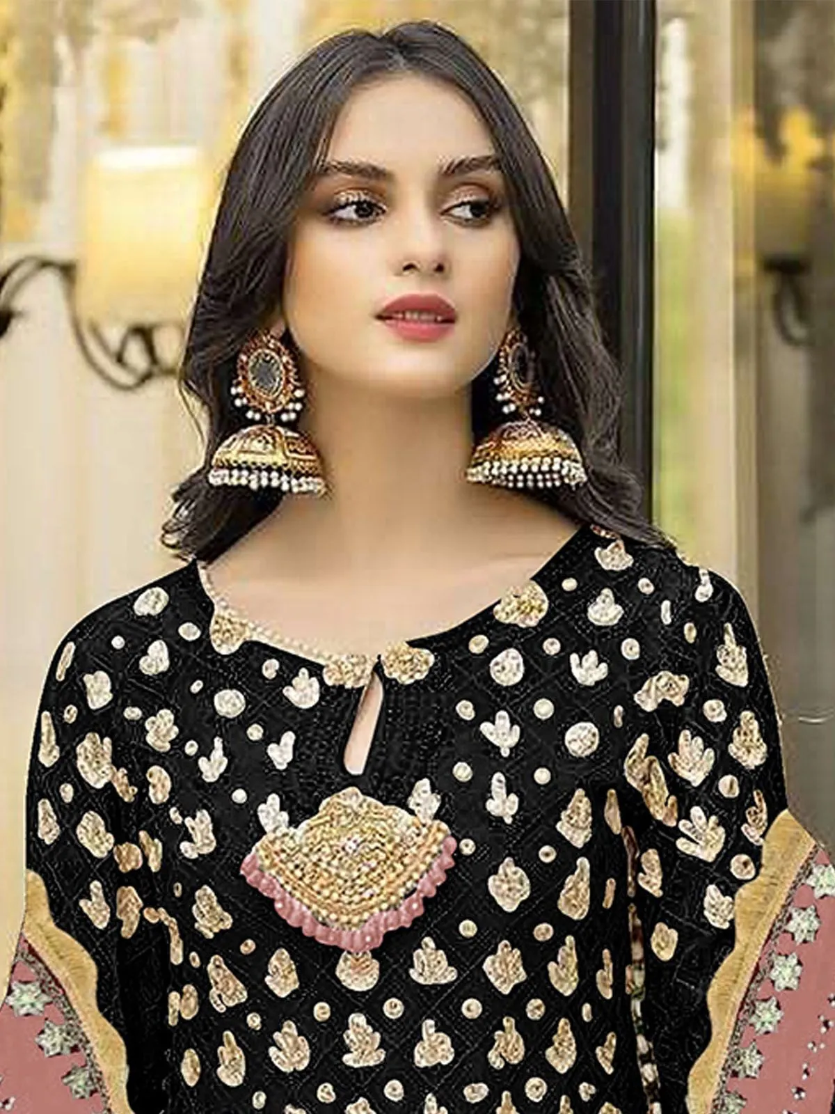 Odette Black Georgette Embroidered Semi Stitched Kurta Set For Women