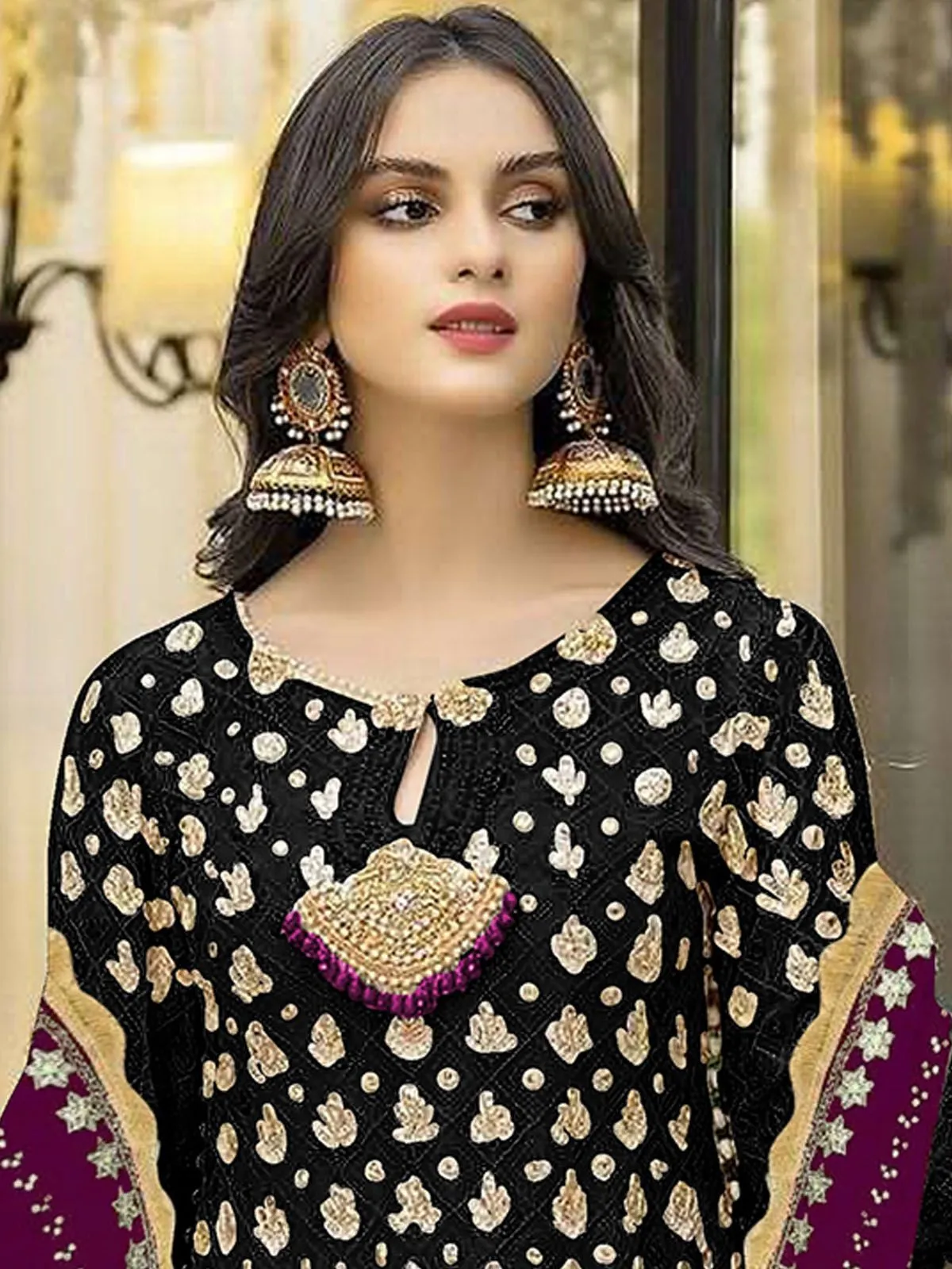 Odette Black Georgette Embroidered Semi Stitched Kurta Set For Women