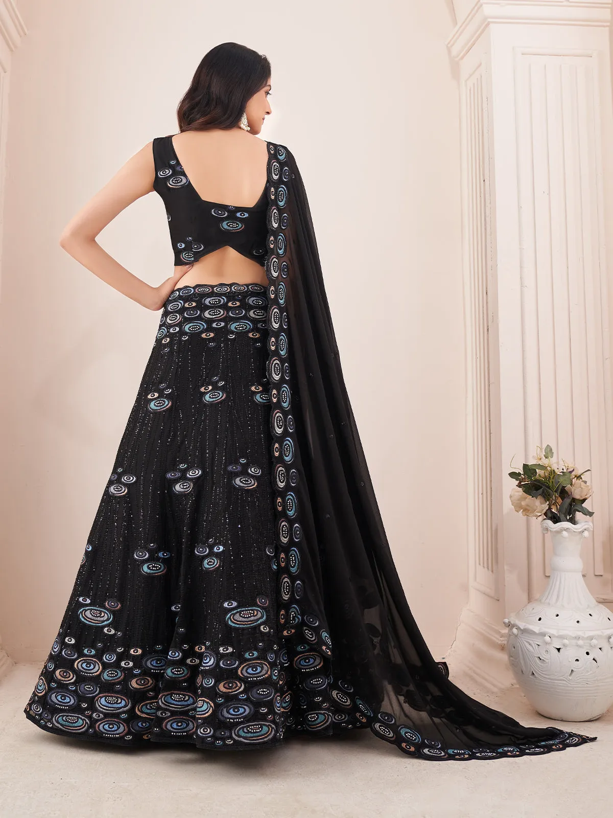 Odette Black Georgette Embroidered Semi Stitched Lehenga With Unstitched Blouse for Women