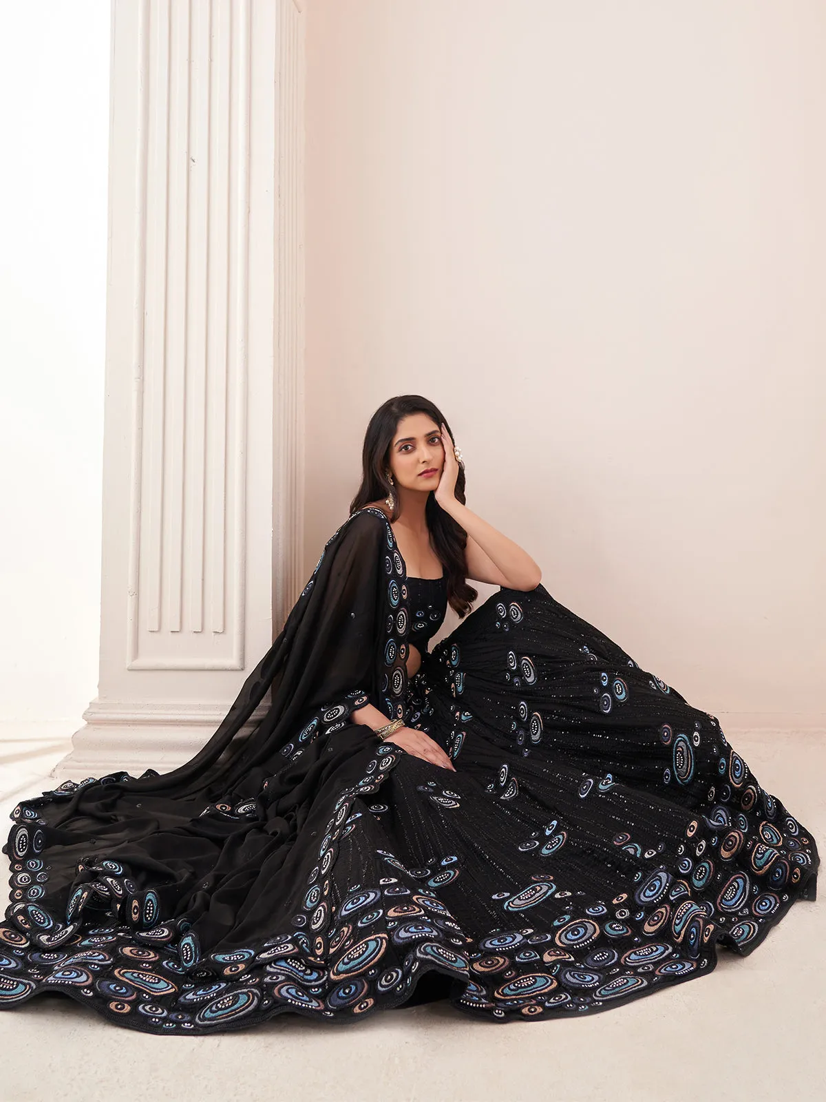 Odette Black Georgette Embroidered Semi Stitched Lehenga With Unstitched Blouse for Women