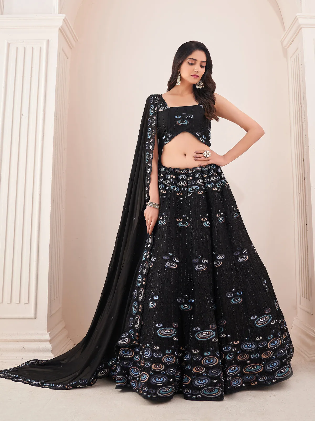 Odette Black Georgette Embroidered Semi Stitched Lehenga With Unstitched Blouse for Women