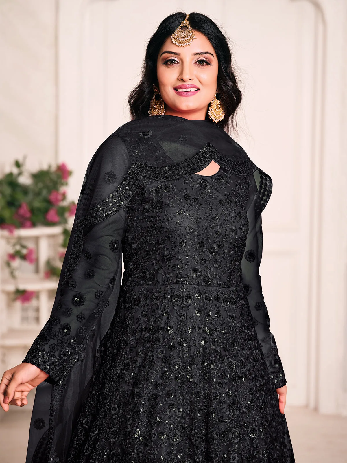 Odette Black Net Embroidered Semi stitched Kurta Set with Inner For Women