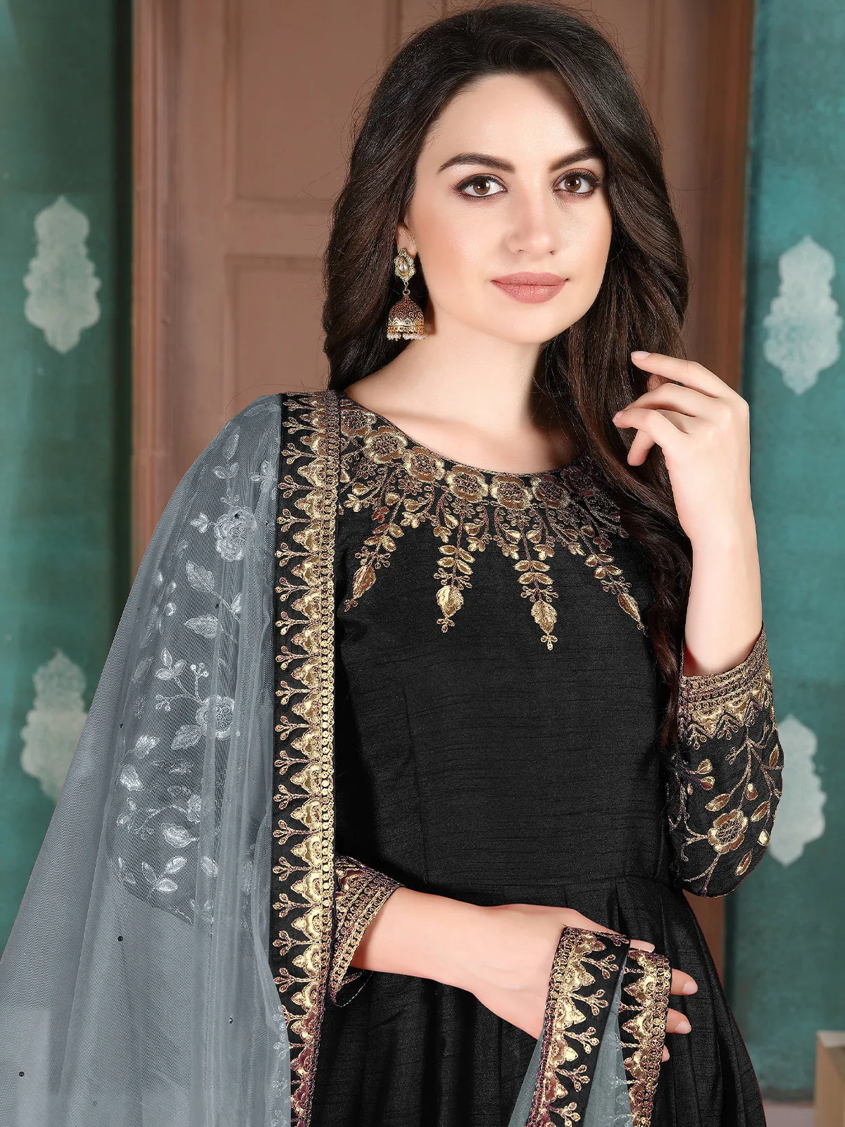 Odette Black Silk Embroidered Semi stitched Kurta Set For Women