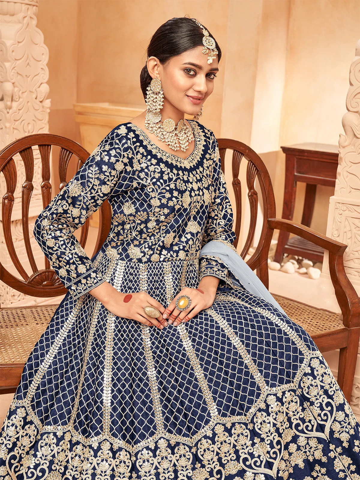 Odette Blue Art Silk Embroidered Semi stitched Kurta Set For Women