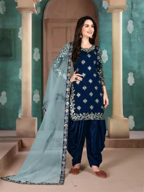 Odette Blue Art Silk Embroidered Semi stitched Kurta Set For Women