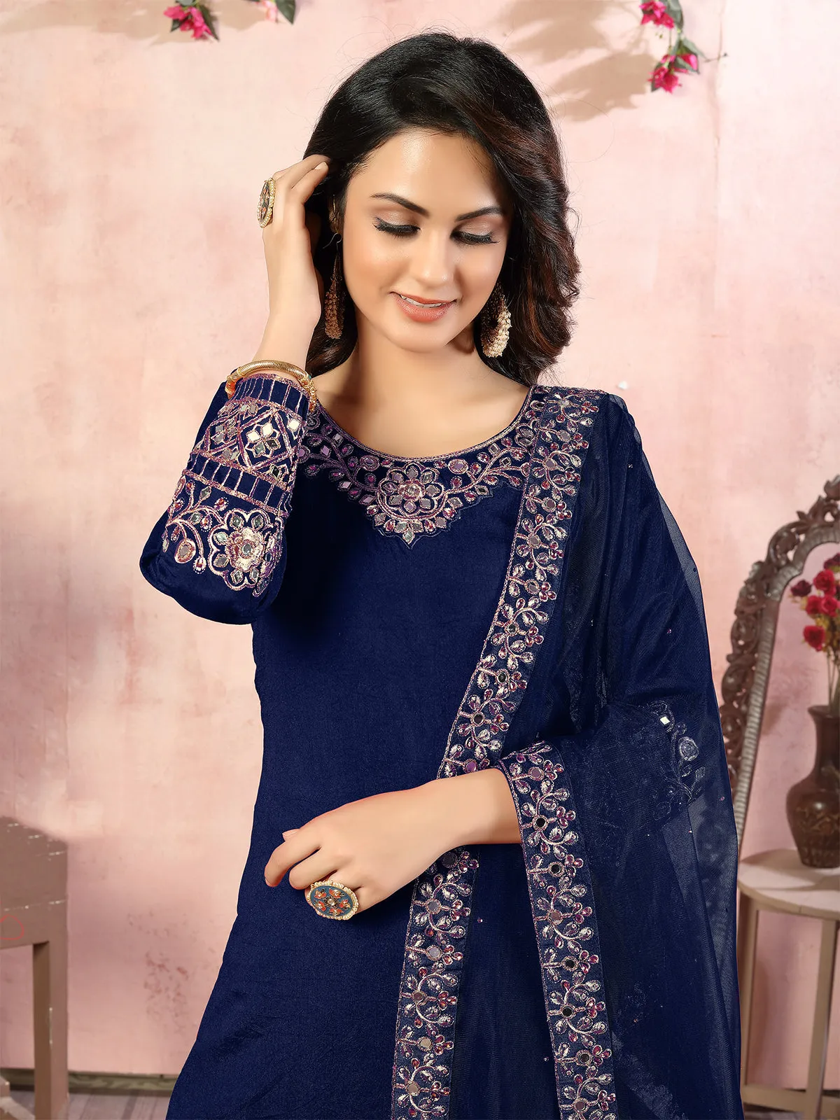 Odette Blue Art Silk Embroidered Semi stitched Kurta Set For Women