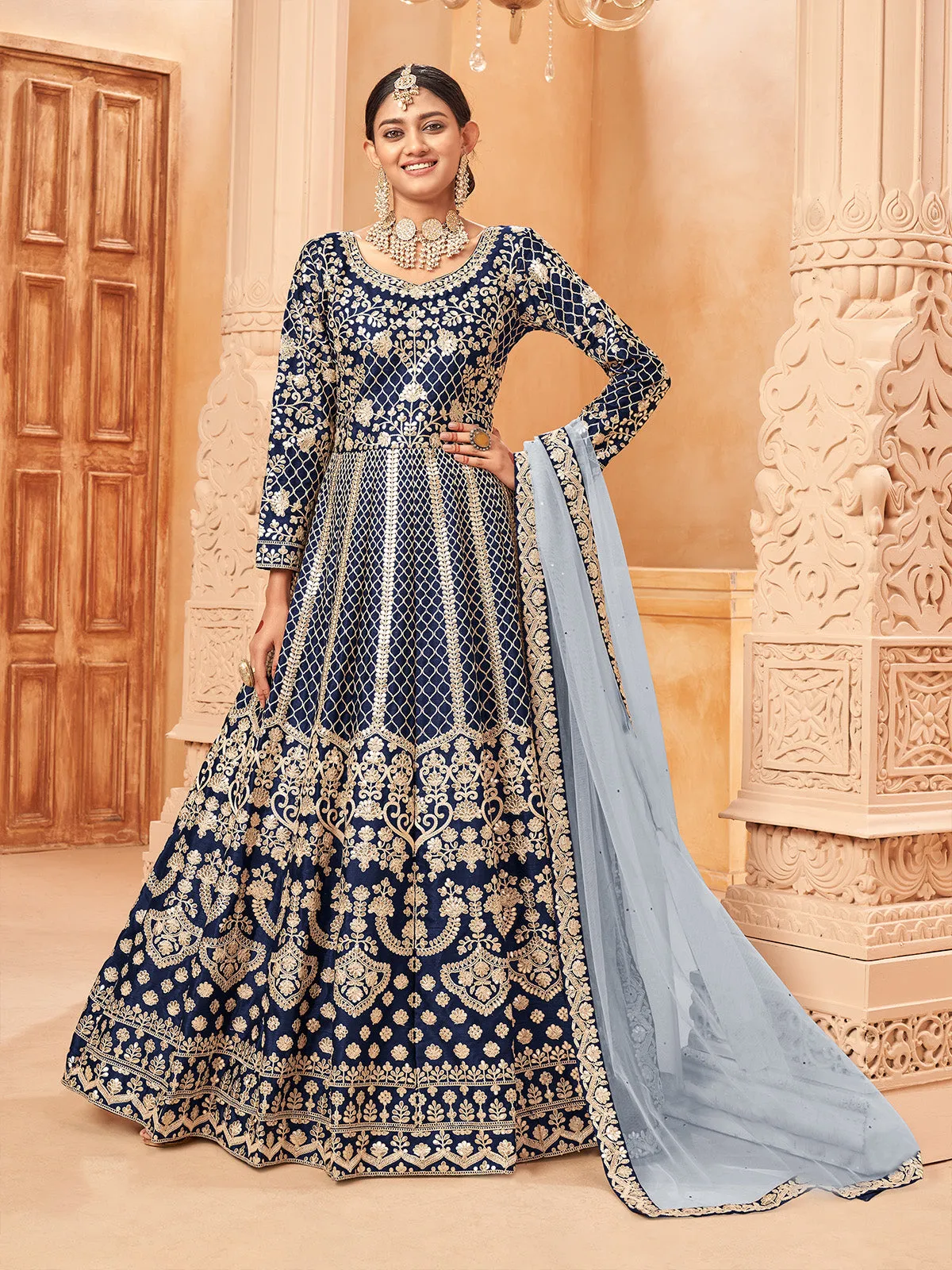 Odette Blue Art Silk Embroidered Semi stitched Kurta Set For Women