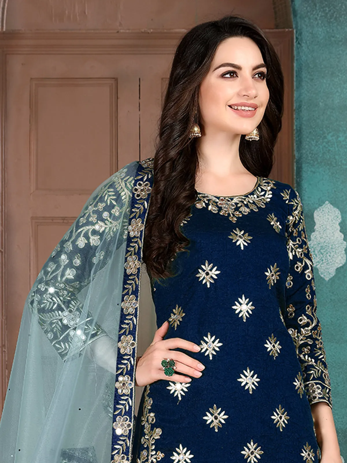 Odette Blue Art Silk Embroidered Semi stitched Kurta Set For Women